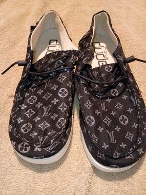 Custom Made Hey Dude Black Patterned Canvas Slip-On Shoes Size 7.5  GUC. OBO
